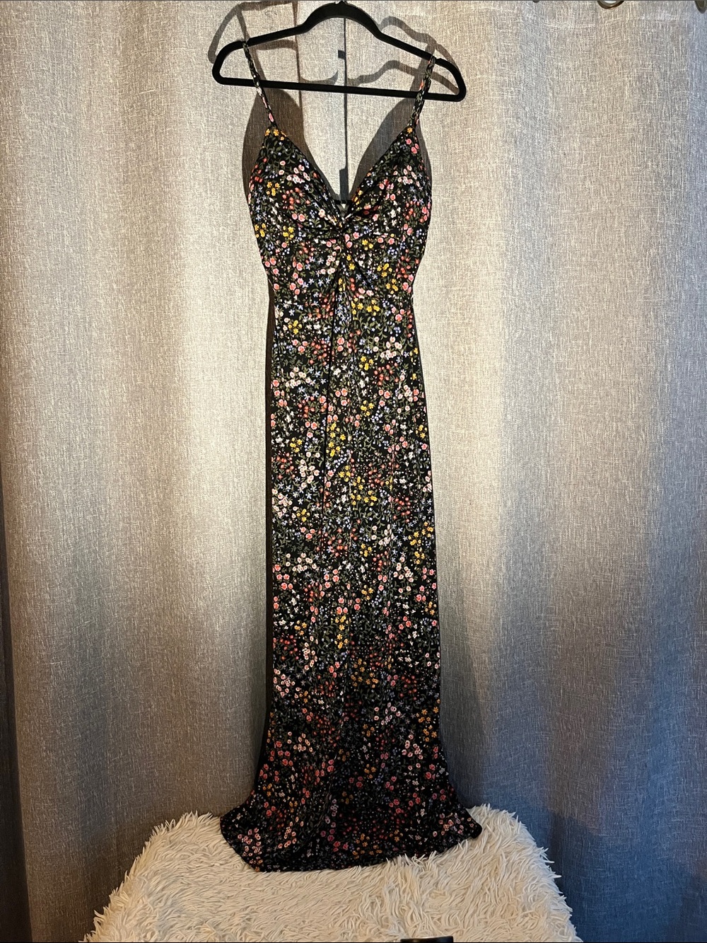 No Boundaries Size Large Black Floral Maxi Dress with Pink and Yellow Accents